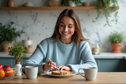 Jeune femme souriante tartinant du beurre d'amande sur du pain complet dans une cuisine lumineuse