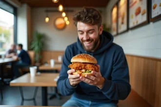Jeune homme souriant avec burger dans un fast food moderne