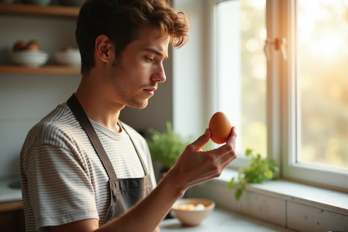 Jeune homme examine un œuf dans une cuisine lumineuse