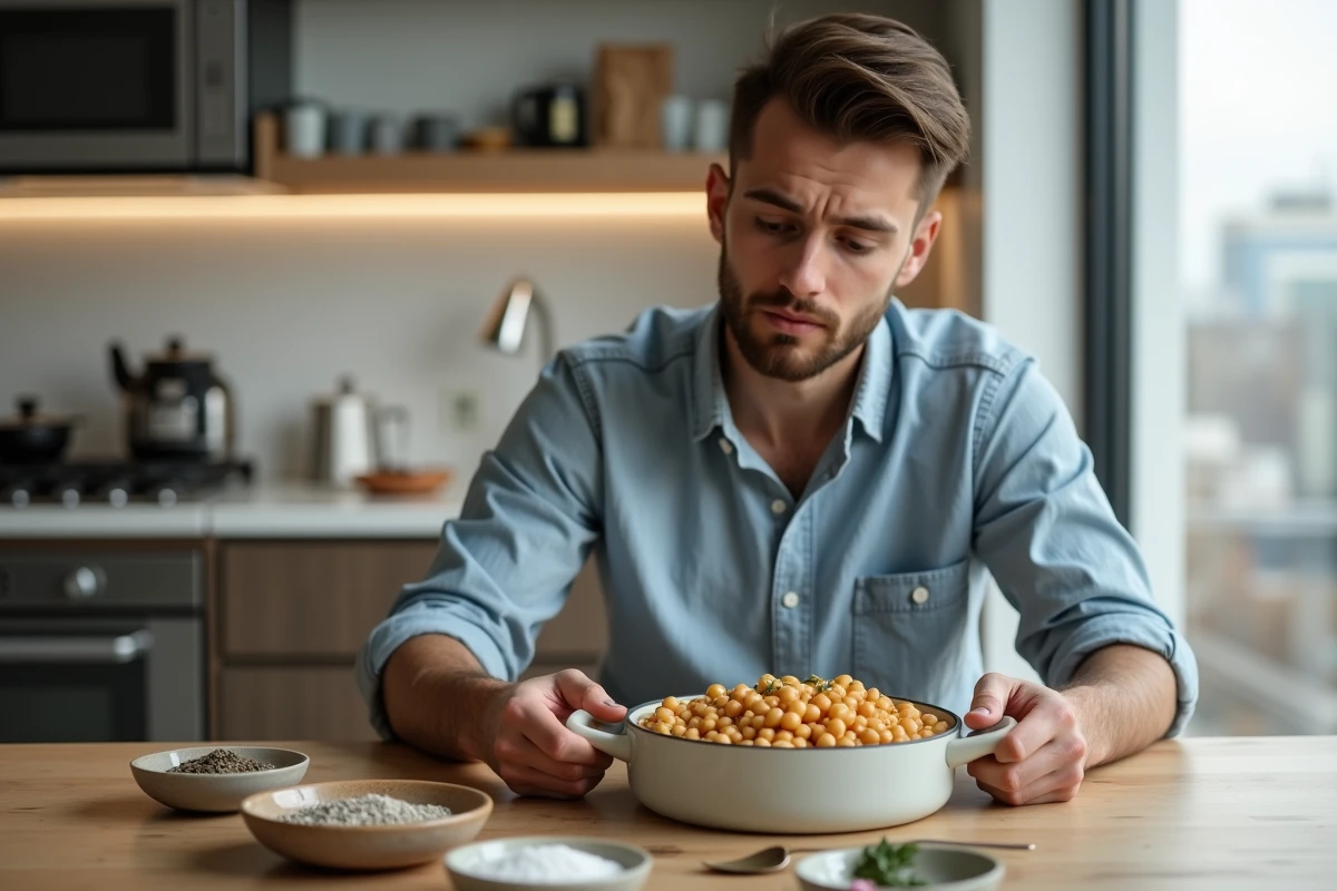 Jeune homme regardant des pois chiches cuits à table
