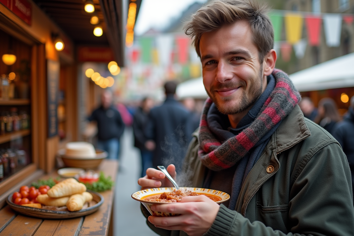 Jeune homme autrichien dégustant une goulash en marché
