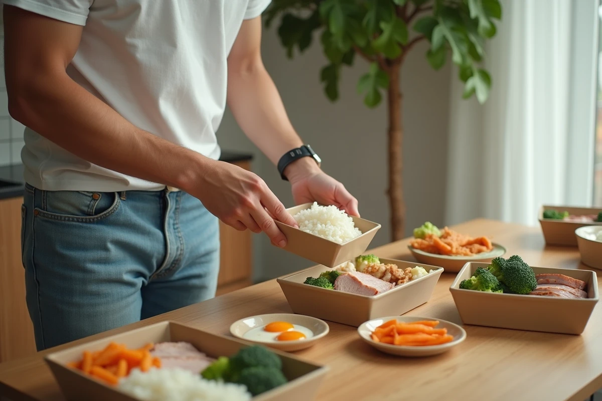 Jeune homme assemblant des lunchs avec porc et légumes