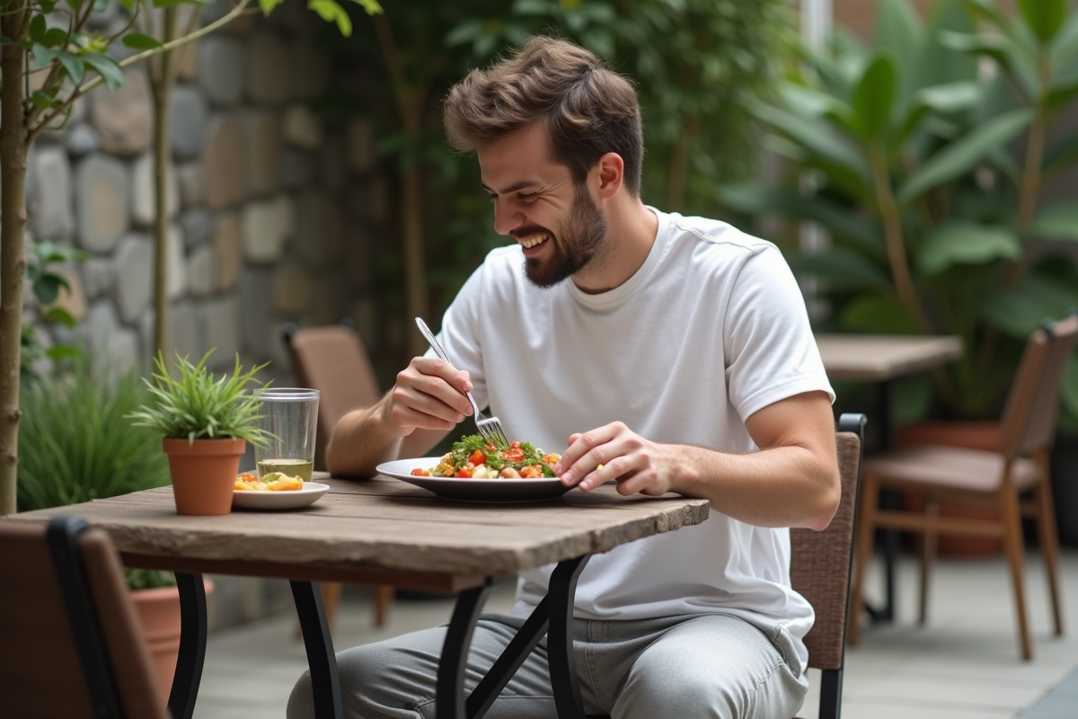 Jeune homme dégustant un bol léger en terrasse urbaine