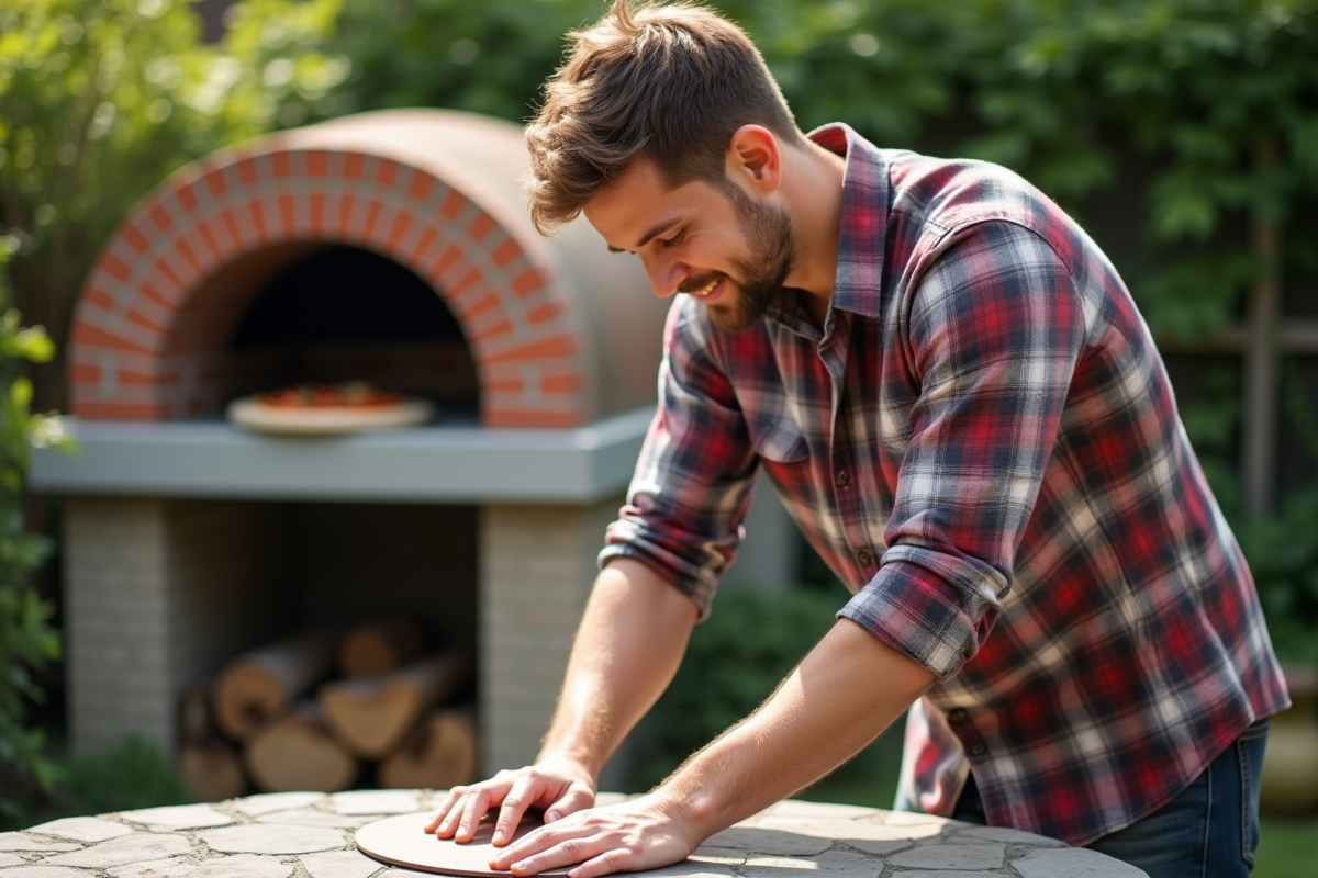 Jeune homme nettoyant une pierre à pizza en extérieur
