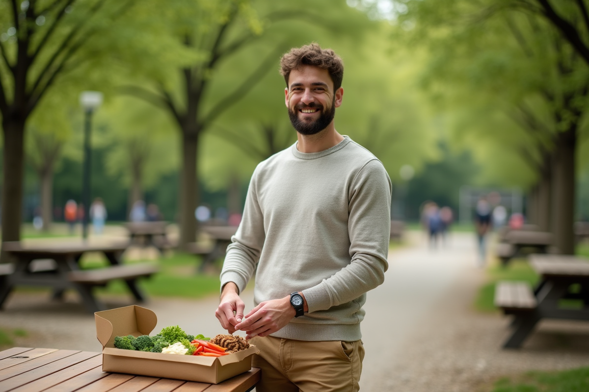 Jeune homme dégustant des légumes dans un parc en plein air