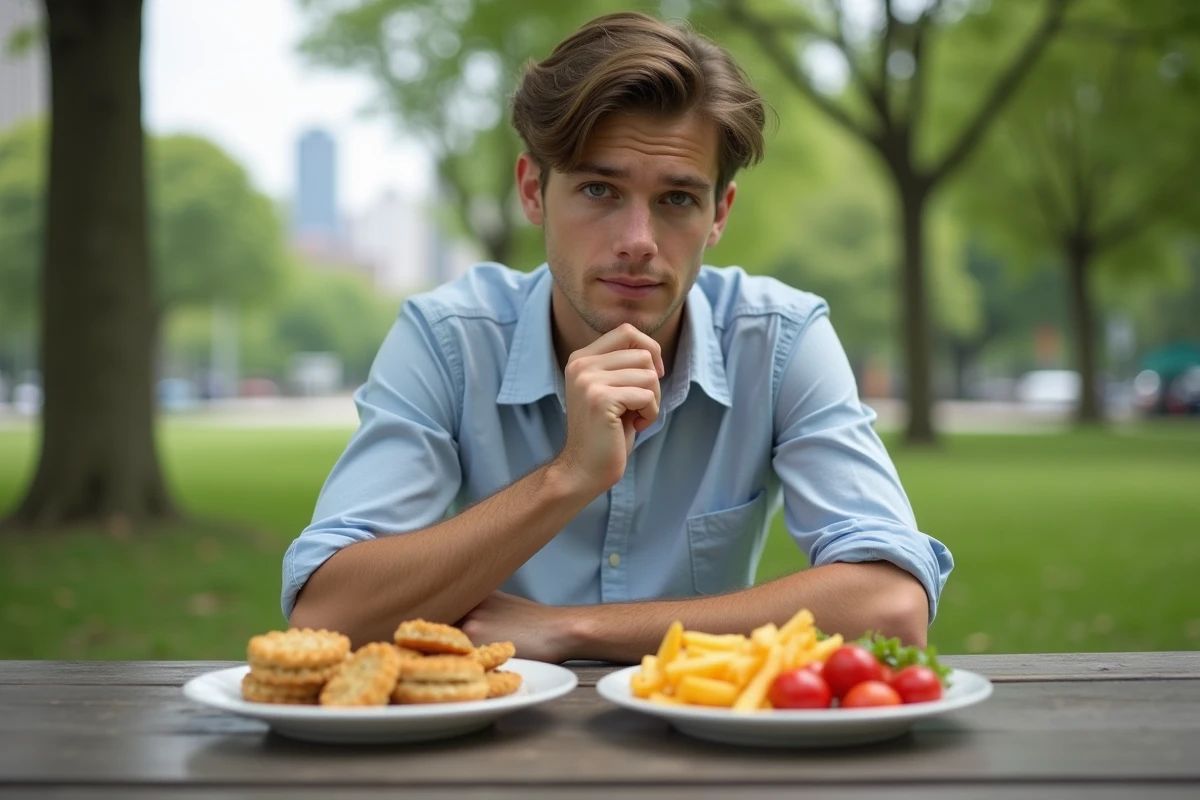 Jeune homme examinant des plats sains en plein air au parc