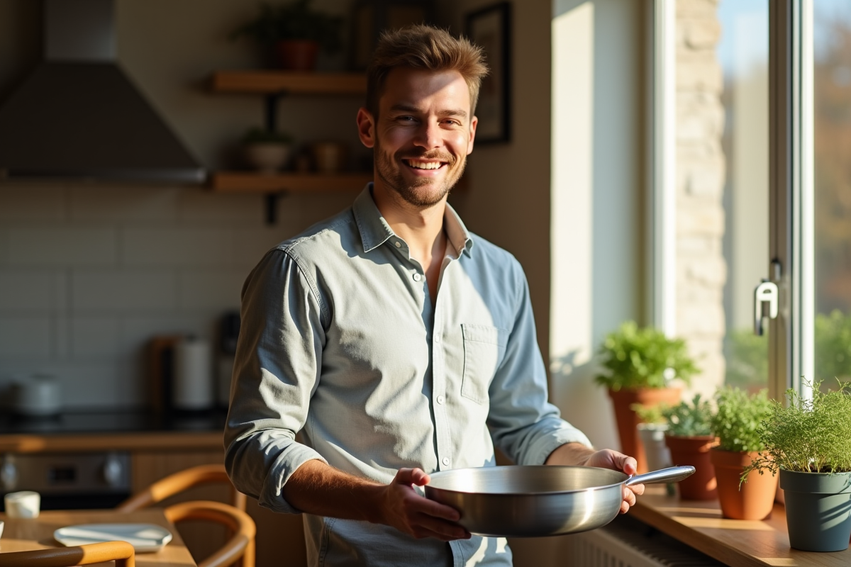 Jeune homme souriant tenant une poele en inox près d