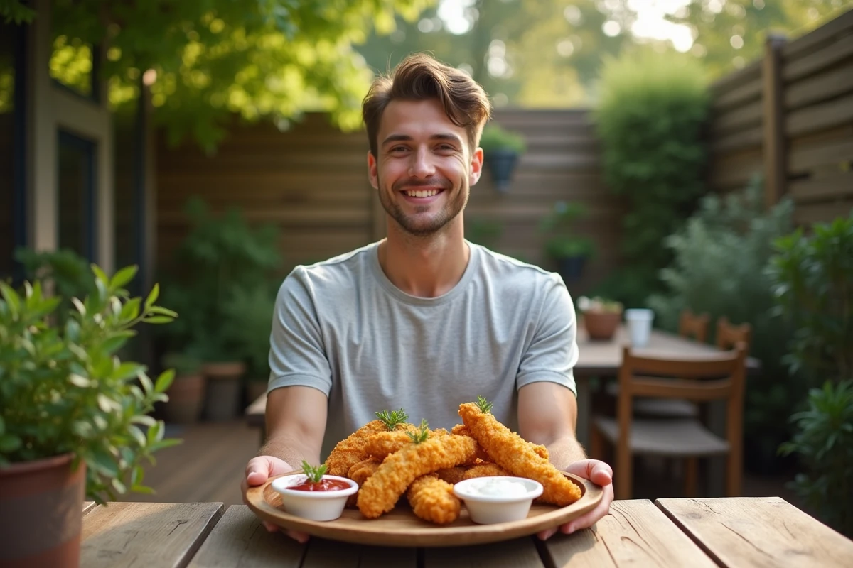 Jeune homme souriant avec un plat de poulet frit dans le jardin