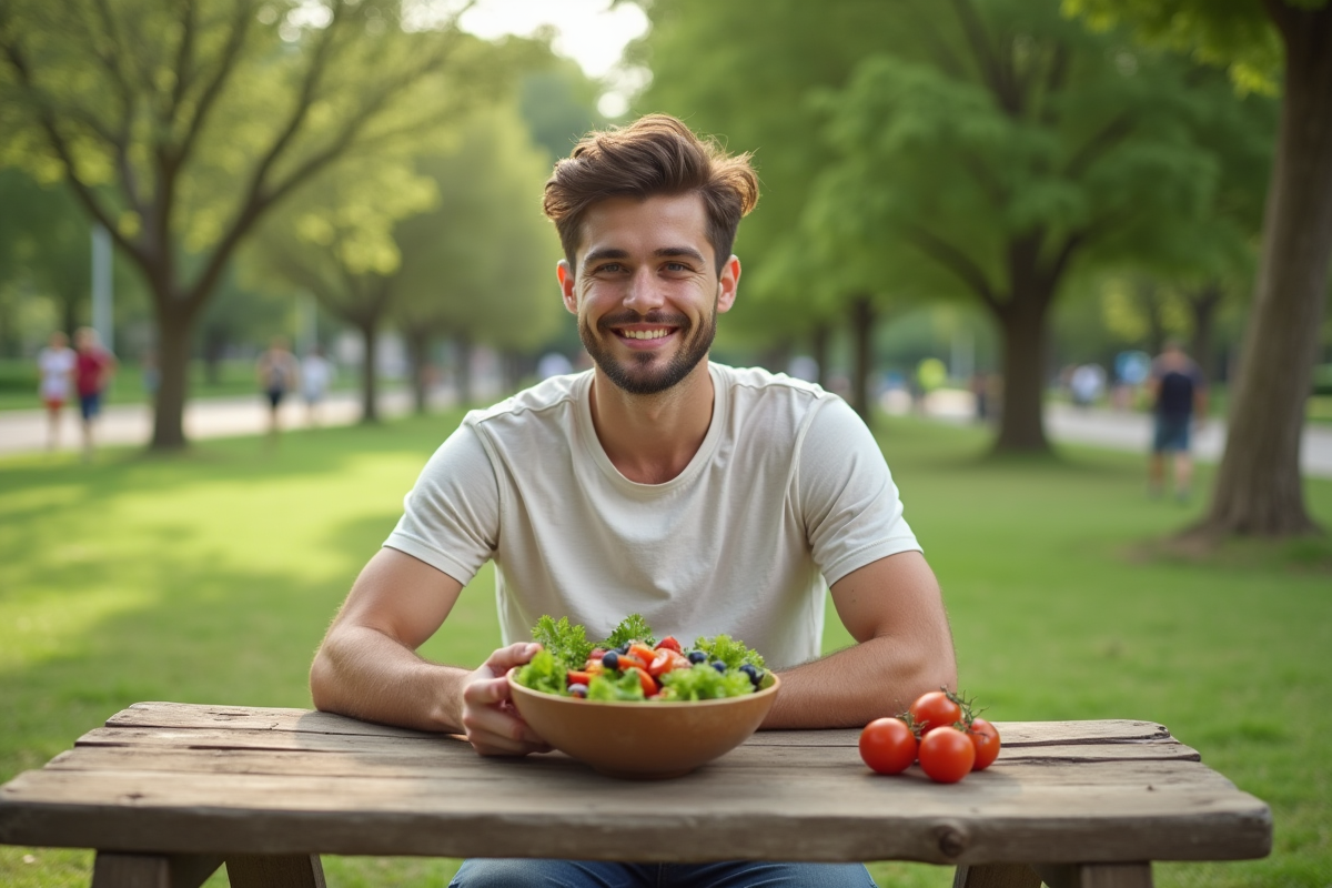 Jeune homme dégustant une salade en plein air dans un parc