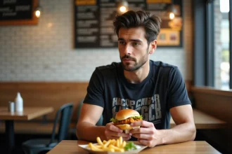 Jeune homme dégustant un sandwich au poulet croustillant
