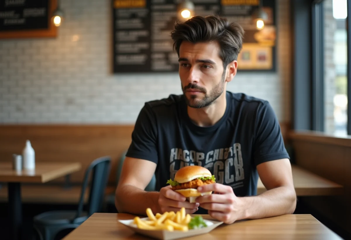 Jeune homme dégustant un sandwich au poulet croustillant