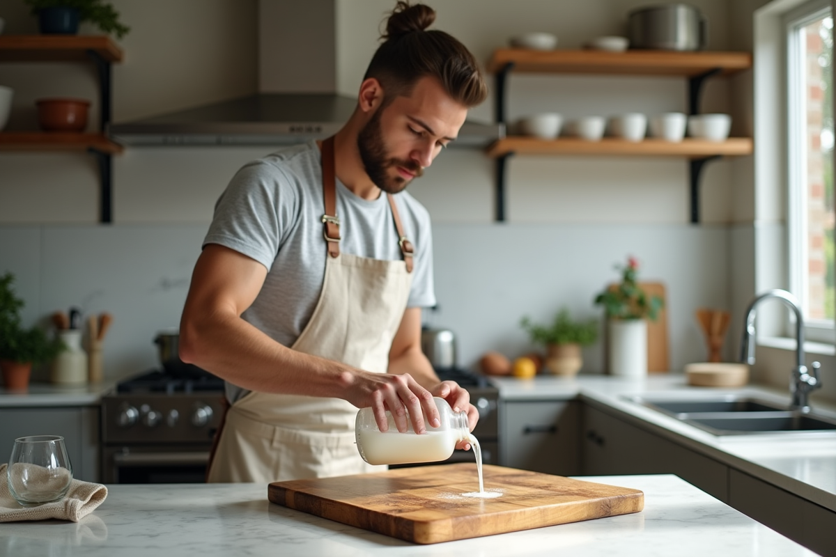 Jeune homme versant du vinaigre sur une planche en bois dans la cuisine