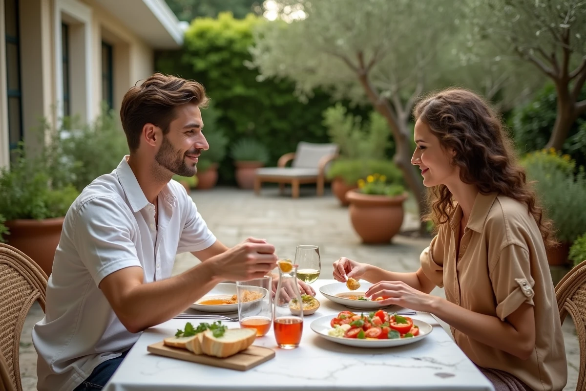Jeune couple dégustant soupe pistou en terrasse en été
