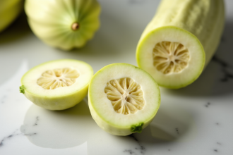 Jicama entier et tranchee sur plan de travail lumineux