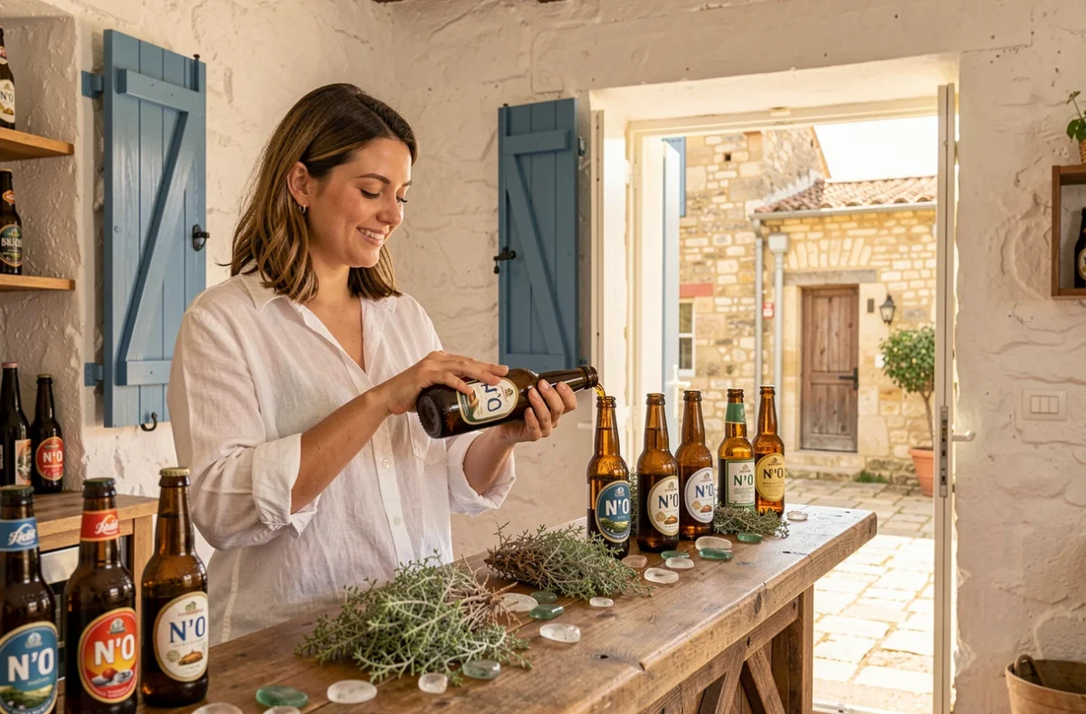 Barmaid de La N'O à Noirmoutier ouvrant une bouteille de bière artisanale locale sur un comptoir en bois décoré de plantes marines et de verre de mer