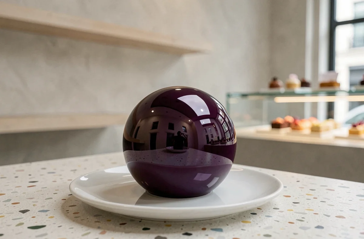 Entremet sphère au glaçage miroir violet cassis de L'A Pâtisserie KG sur surface en terrazzo à Paris