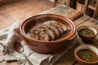 Langue de bœuf en cocotte minute nappée d'une sauce onctueuse aux câpres, servie sur une table en bois rustique dans une cuisine de ferme française
