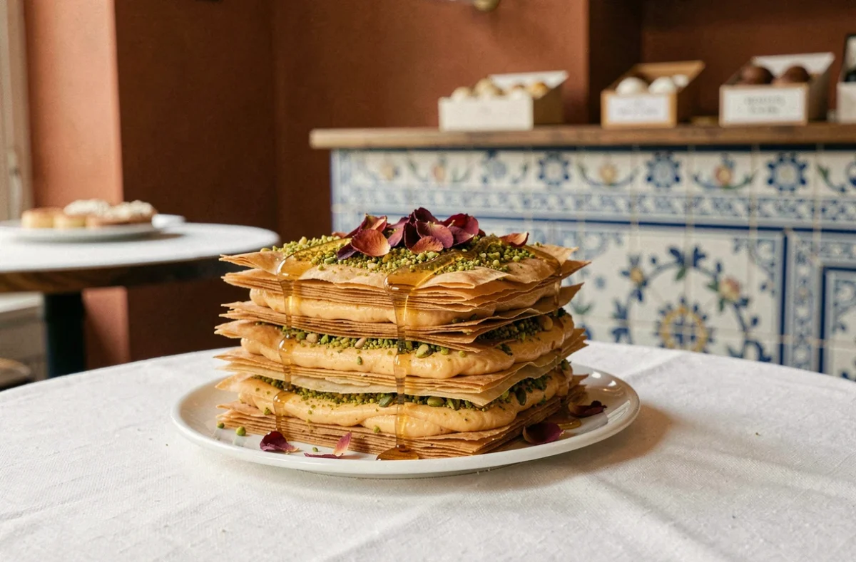 Mille-feuille orientale à la fleur d'oranger, pistaches et pétales de rose séchés de la pâtisserie Laouz à Paris