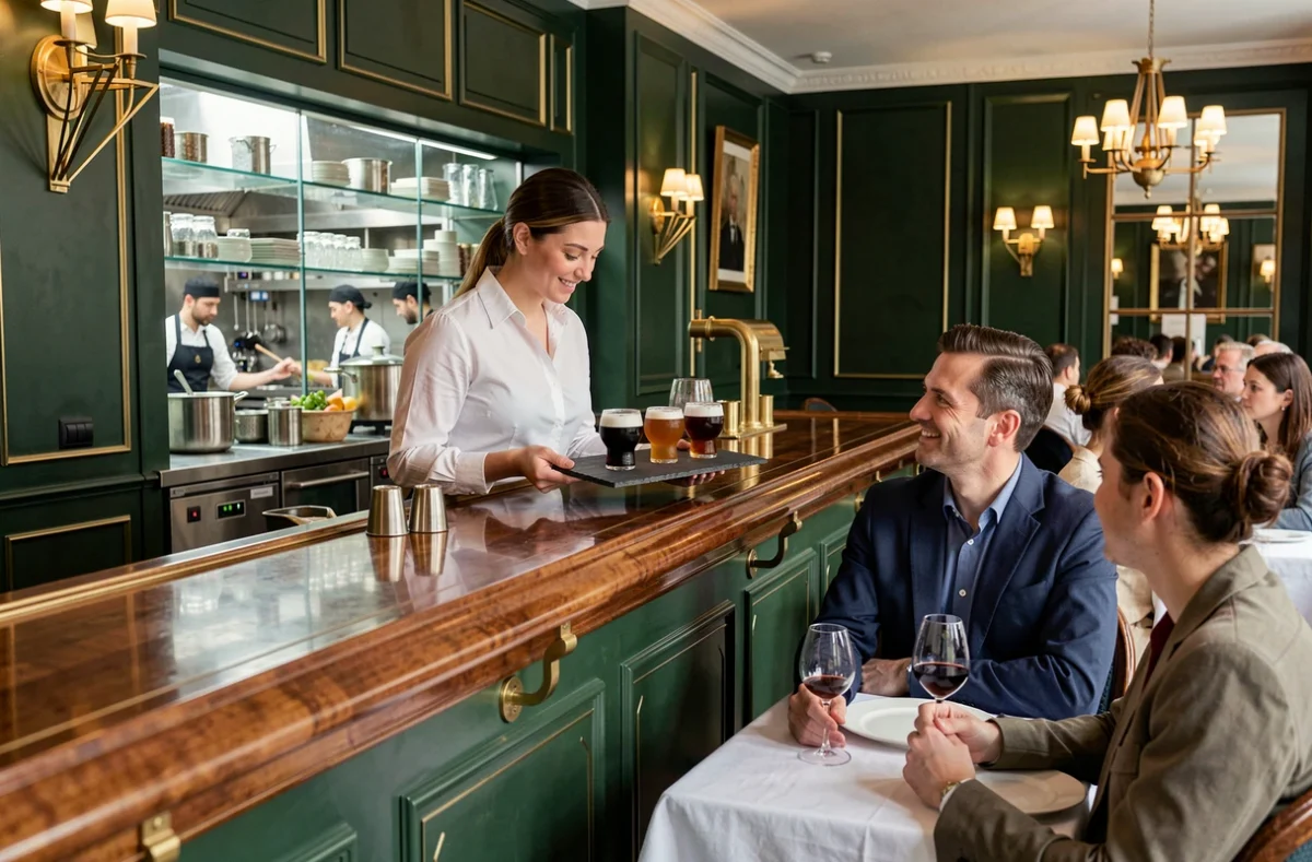 Sommelière du Josephine B à Nantes présentant une sélection de bières artisanales sur une ardoise dans un cadre Art Déco raffiné avec salle de restaurant en arrière-plan