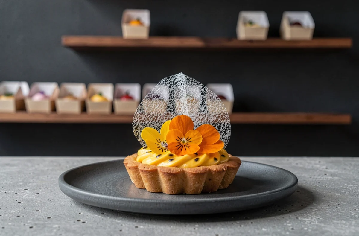 Tarte florale passion-mangue avec voile en sucre et fleurs comestibles de la pâtisserie L'Ekla à Paris