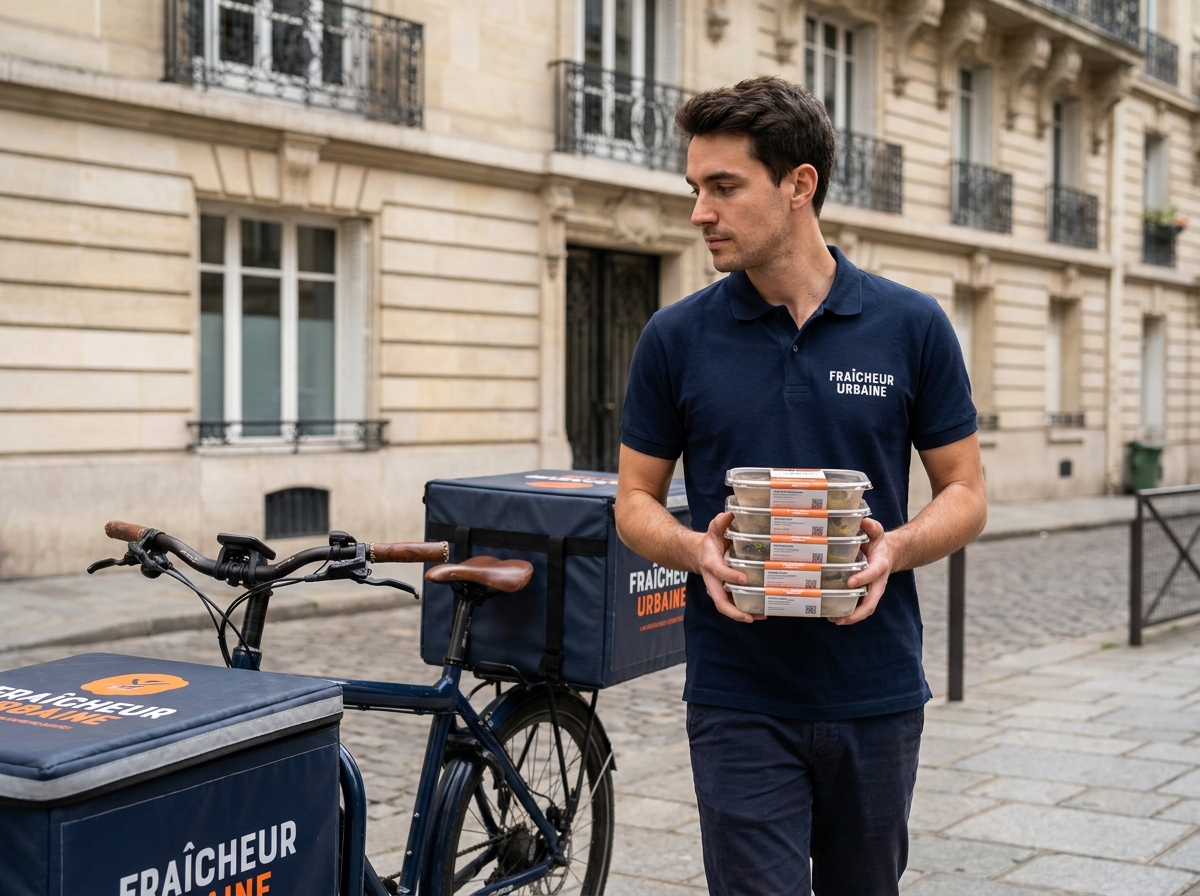 Livreur de plateaux repas Le Cercle à vélo cargo devant un immeuble de bureaux parisien