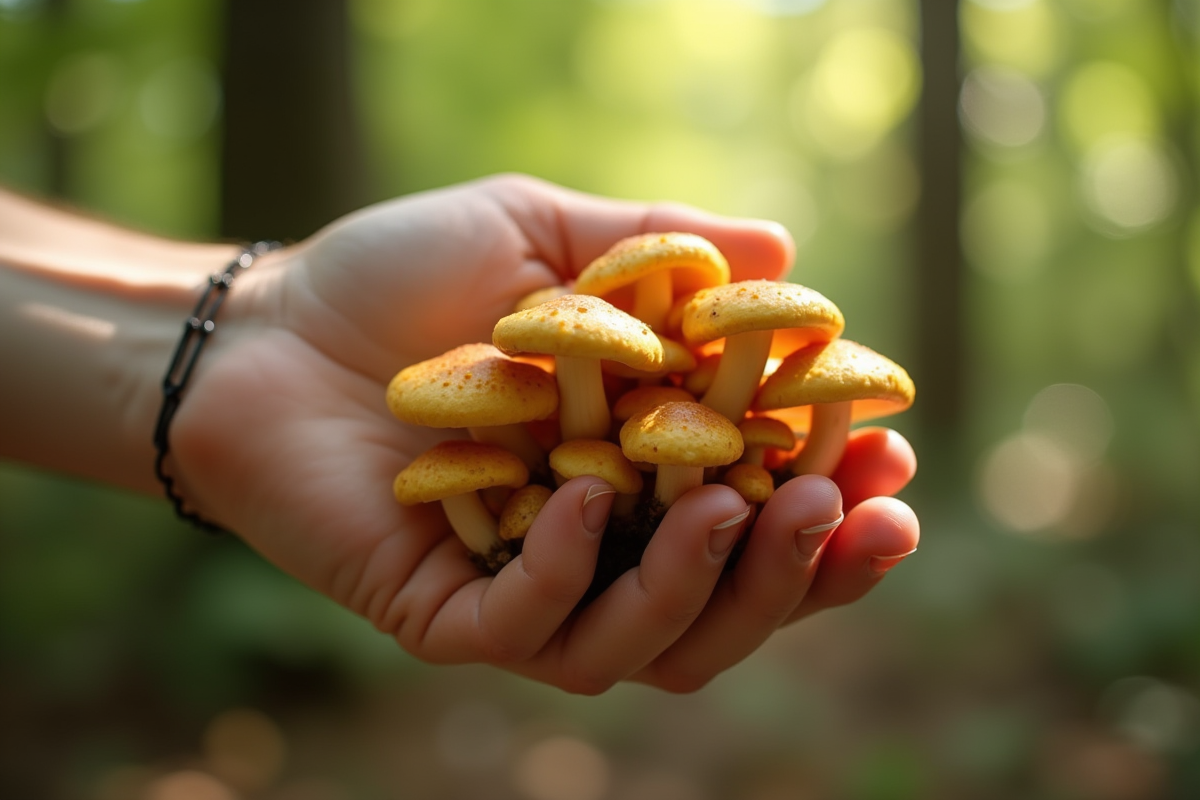 Main tenant des chanterelles dans une forêt ensoleillée