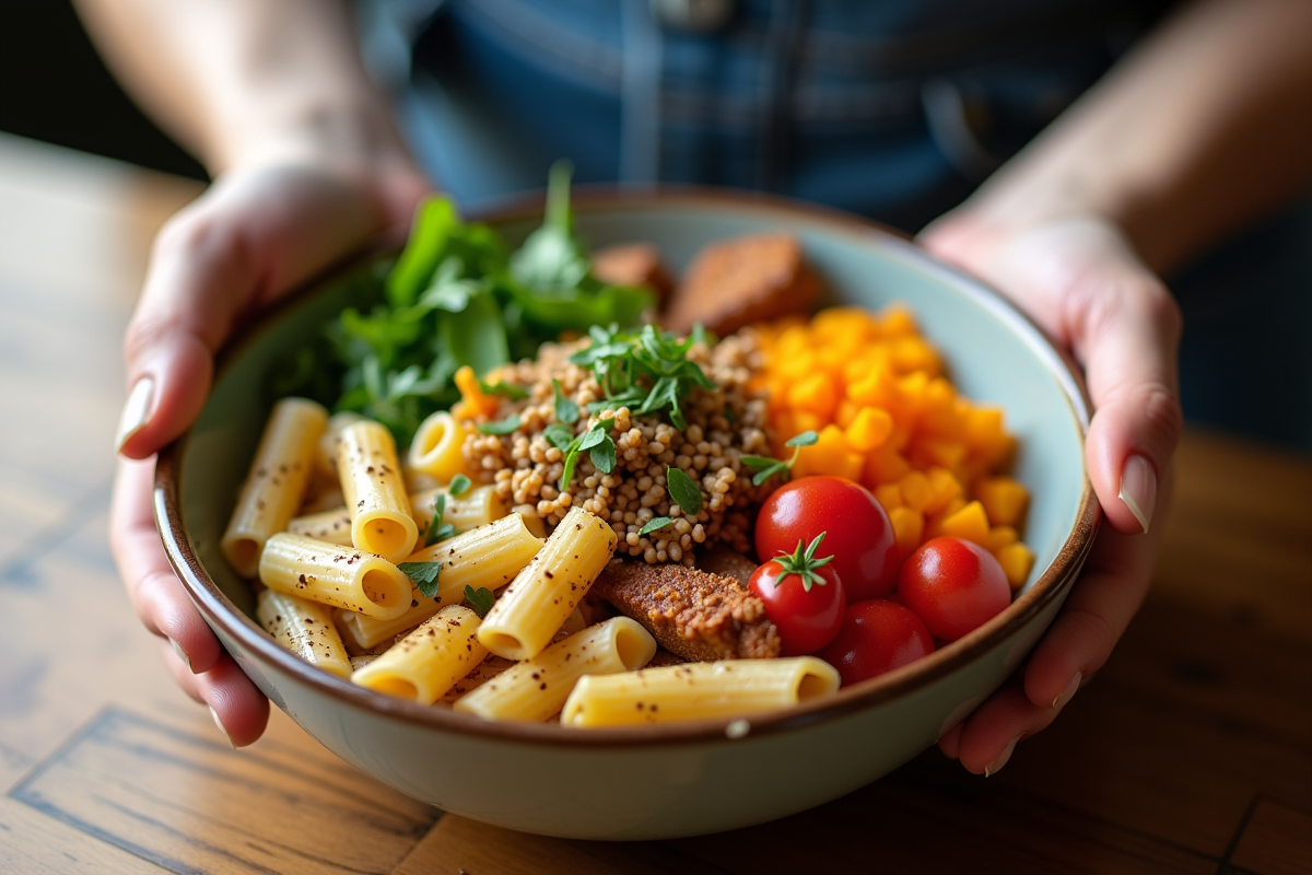 Mains tenant un bol avec repas équilibré de pâtes salade et viande