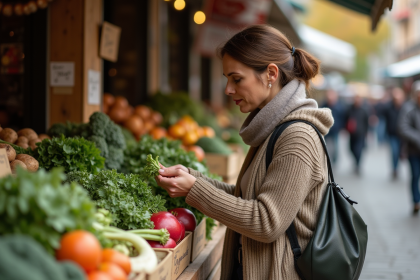 Femme choisissant légumes bio au marché en automne