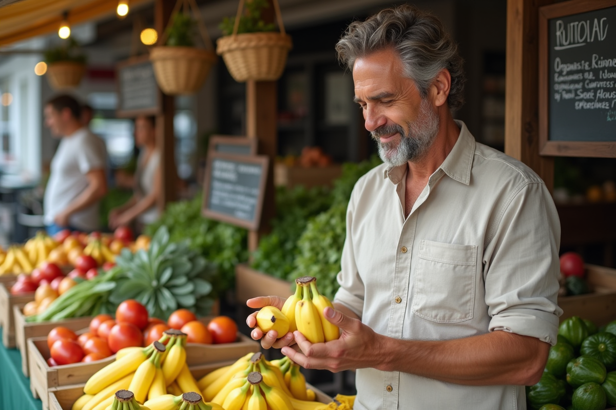 Homme examinant des bananes au marché en plein air