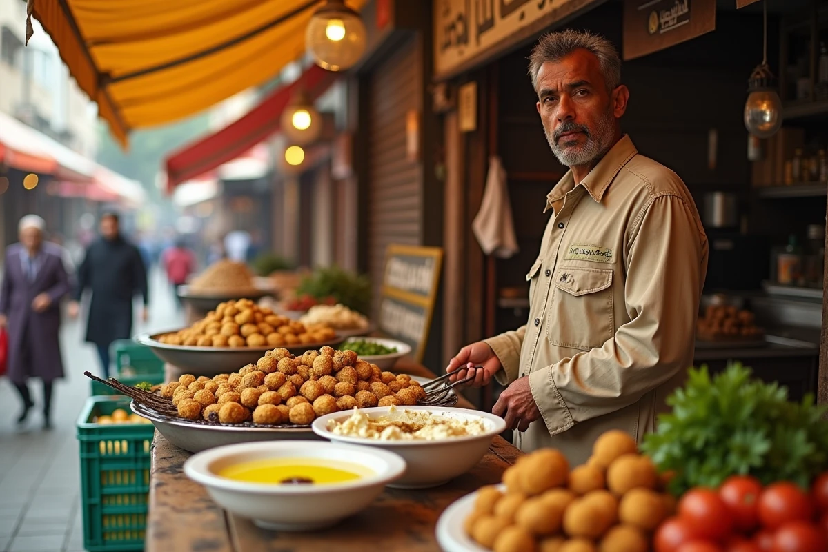 Vendeur de rue égyptien à Alexandrie proposant des falafels ta'ameya, kofta et baba ghanoush sur un étal coloré