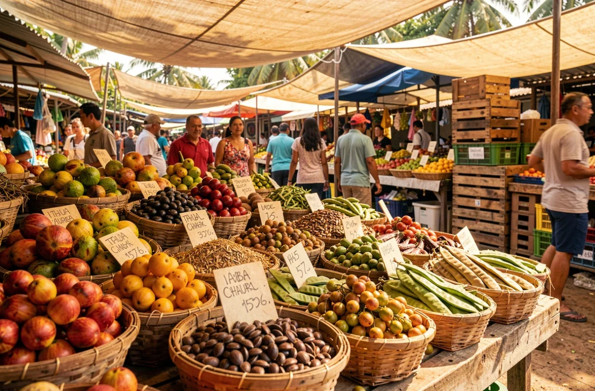 Étal de marché tropical coloré présentant des fruits exotiques commençant par la lettre I dans des paniers en osier