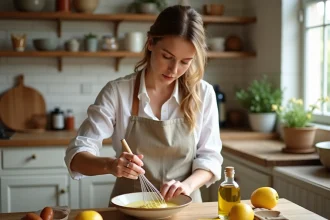 Femme préparant une mayonnaise maison au fouet dans un bol en céramique sur un comptoir en bois rustique