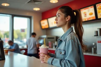 Jeune femme tenant un McFlurry devant un menu McDonald's affichant les prix de personnalisation
