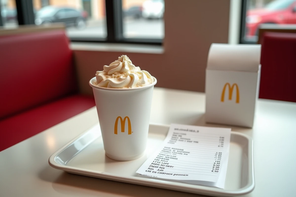 McFlurry McDonald's posé sur un plateau avec un reçu détaillant les suppléments de personnalisation