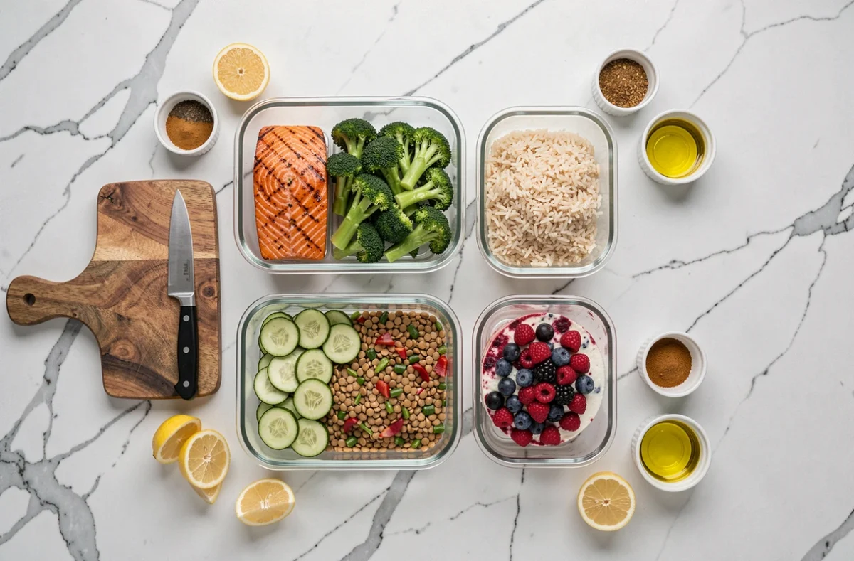 Meal prep hebdomadaire avec des repas sains en portions individuelles dans des boîtes en verre sur une table en marbre