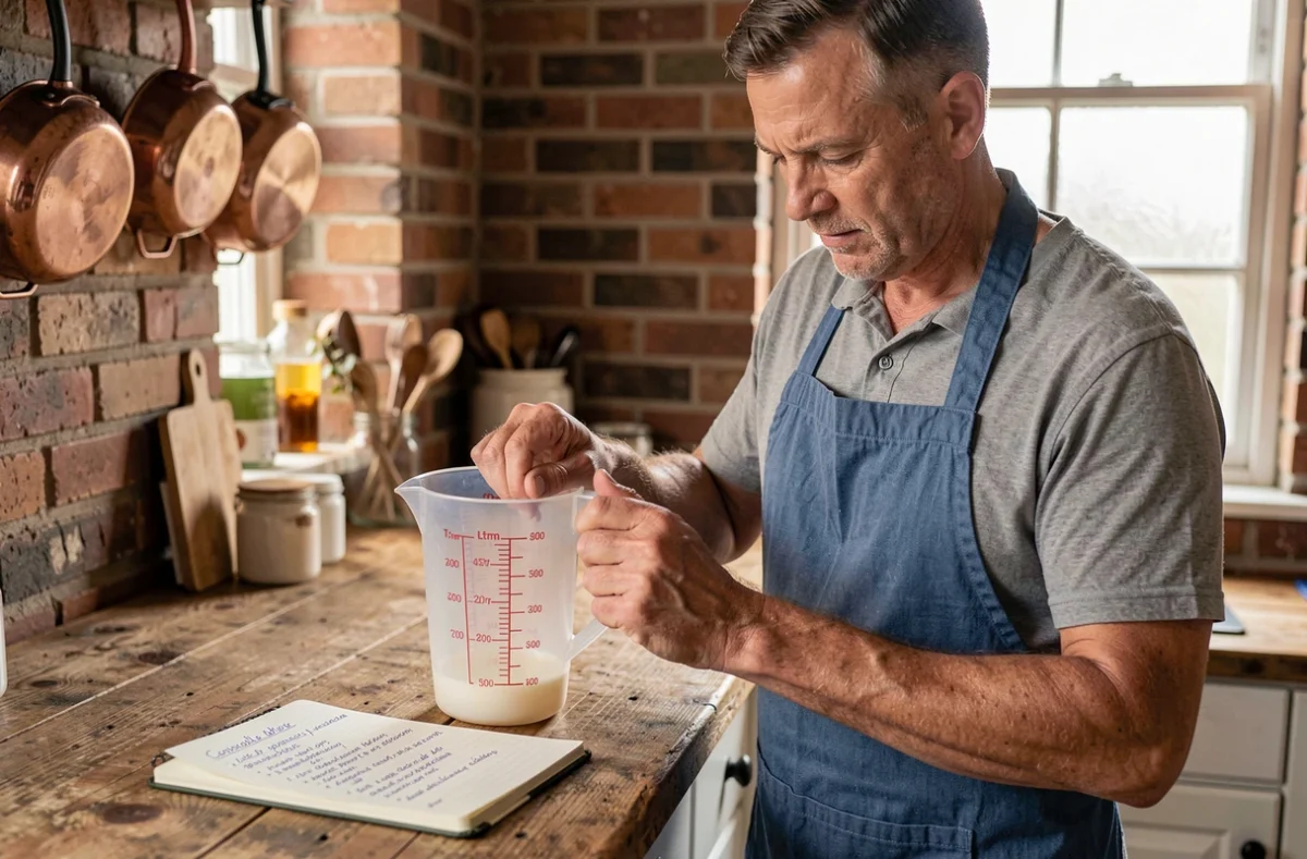 Homme en tablier bleu lisant les graduations millilitres et litres sur un pichet doseur transparent dans une cuisine rustique