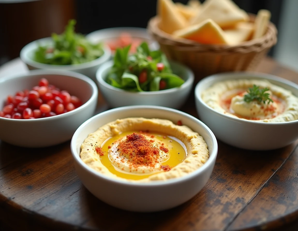 Assortiment de mezze libanais avec houmous baba ghanoush et fattoush servi au restaurant Le Cèdre Paris 5e