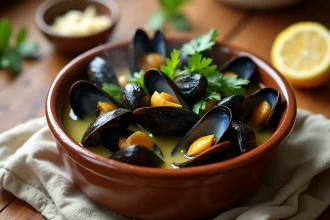 Bol de moules à l'ail et au citron dans une sauce dorée, servi dans une cuisine rustique avec persil frais et citron coupé