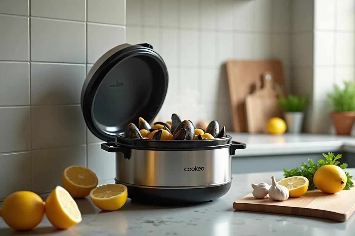 Cookeo ouvert avec des moules à l'ail et au citron en cours de cuisson, vapeur naturelle et ingrédients frais disposés sur un plan de travail de cuisine moderne