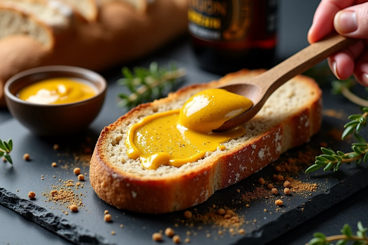 Tranche de pain d'épices tartiné de moutarde à l'ancienne pour préparer une carbonnade flamande, posée sur une ardoise avec une bière brune belge