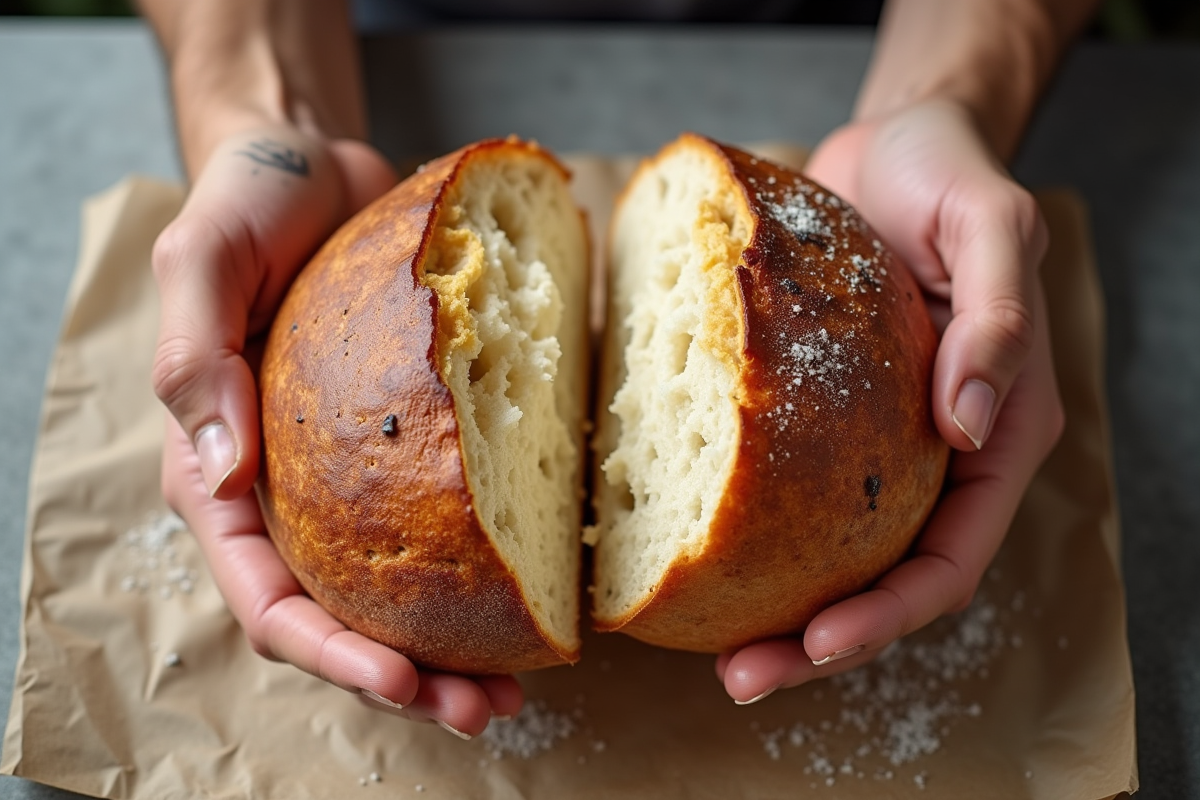 Mains cassant une tranche de pain rustique
