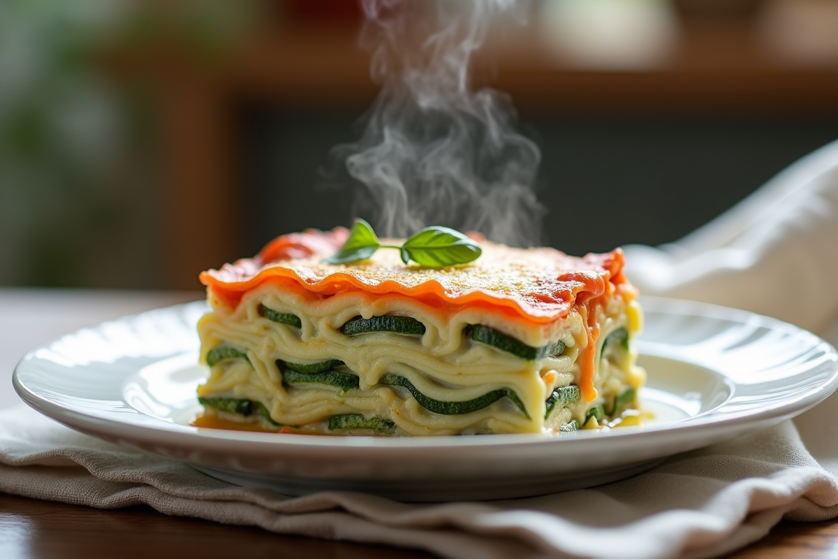 Tranche de lasagne courgette et chèvre avec vapeur