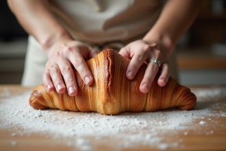 Mains de boulanger pliant la pate de croissant au chocolat