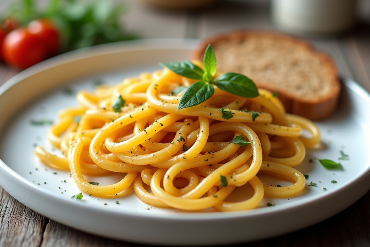 Assiette de pâtes cuites avec légumes grillés et pain complet