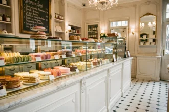 Vitrine d'une pâtisserie parisienne traditionnelle avec entremets, macarons et mille-feuilles exposés sur des présentoirs en marbre