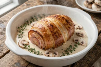 Paupiettes de porc à la crème dans un plat en céramique blanche prêtes à sortir du four