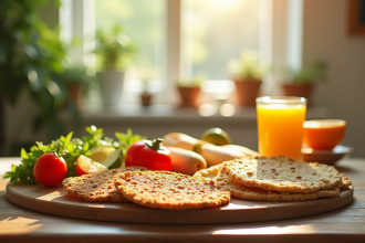Table de petit déjeuner avec pains alternatifs et jus d'orange