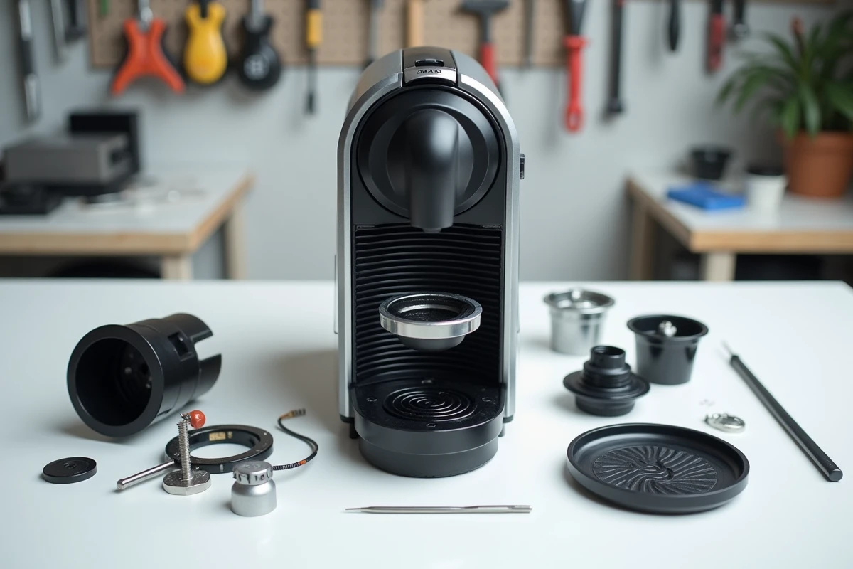 Pièces internes d'une machine Nespresso Magimix démontées sur un établi pour diagnostic et réparation