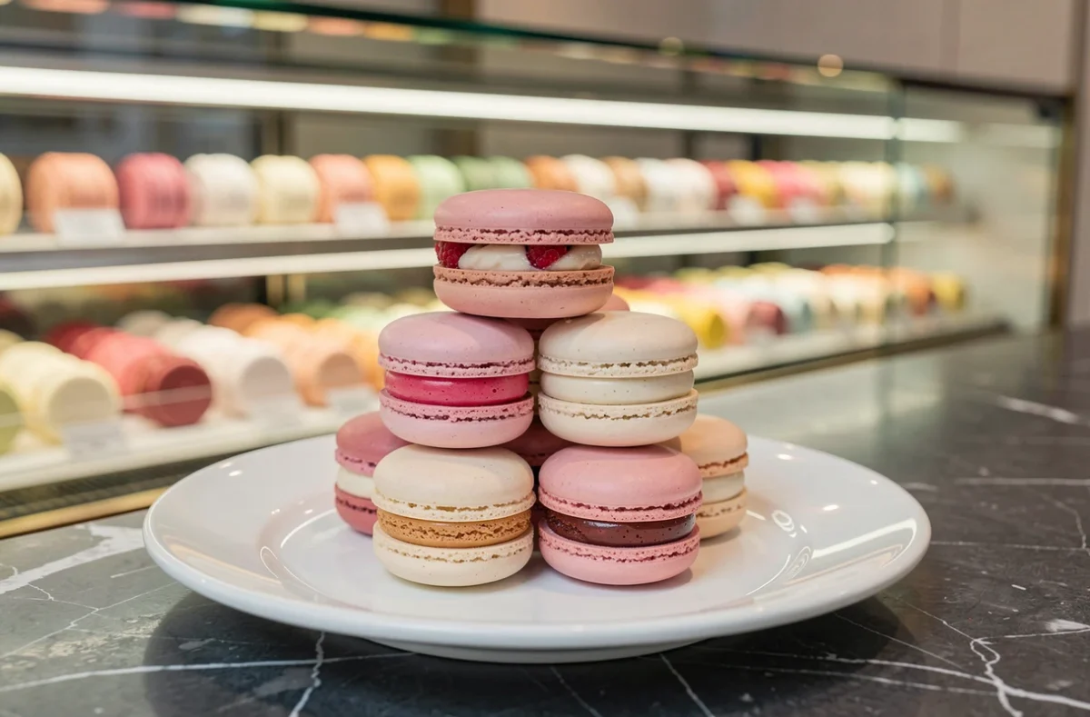 Tour de macarons Pierre Hermé au parfum Ispahan rose-framboise-litchi sur marbre gris dans la boutique parisienne