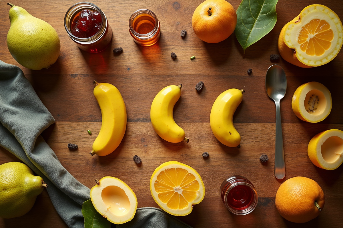 Vue plongeante d'un plan de cuisine en bois avec fruits et bocaux